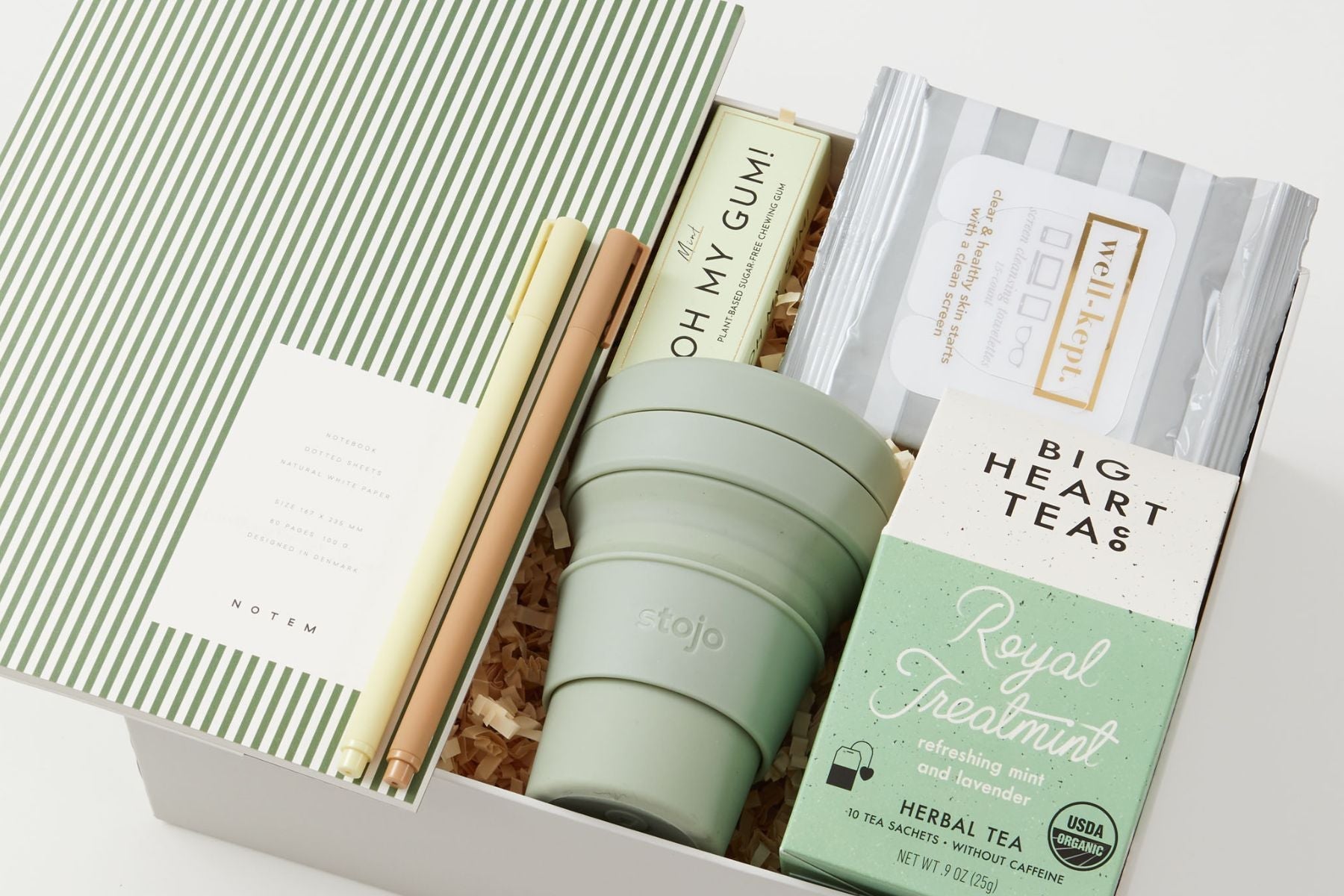 gift box with notebook, pens, tea and mug