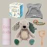 Collection of baby items including a plush toy, books, and toys on a neutral background