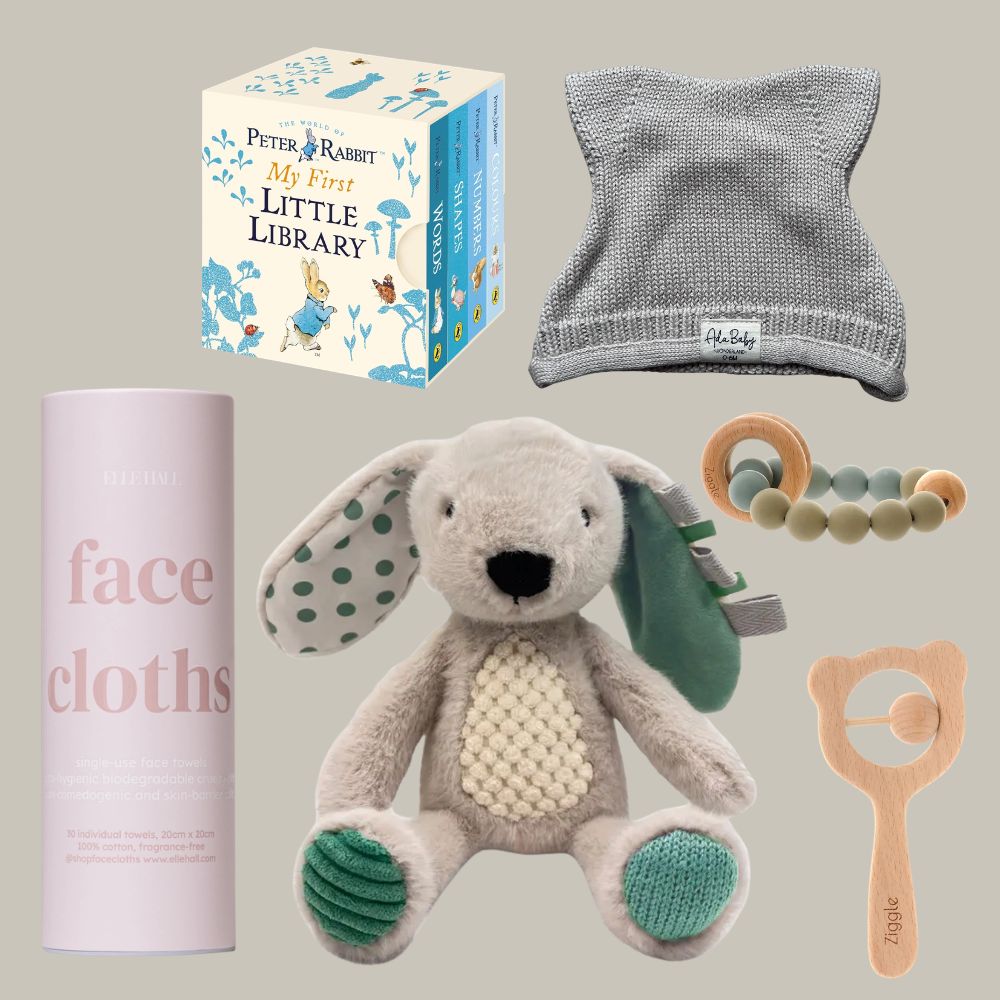 Collection of baby items including a plush toy, books, and toys on a neutral background