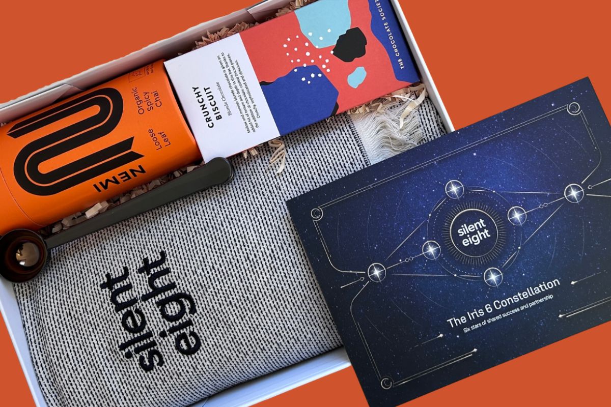 Silent Eight product packaging with a blue card and orange item on an orange background